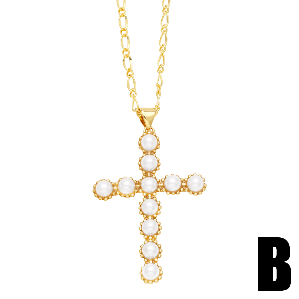 Elegant Cross Stainless Steel Copper Plating Inlay Pearl 18k Gold Plated Pendant Necklace display picture 4