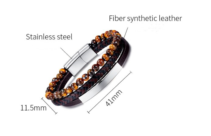 Hip-Hop Vintage Style Round Stainless Steel Pu Leather Tiger Eye Beaded Artificial Leather Men'S Bracelets display picture 11