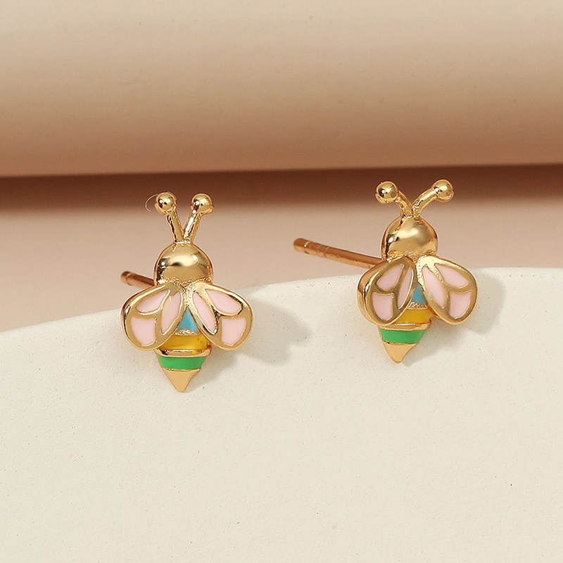 1 Pair Cute Bee Enamel Plating Copper Gold Plated Ear Studs display picture 3