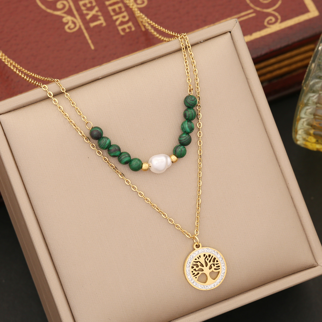 Wholesale Retro Tree Heart Shape Eye Stainless Steel Malachite Inlay 18K Gold Plated Artificial Diamond Pearl Layered Necklaces display picture 2