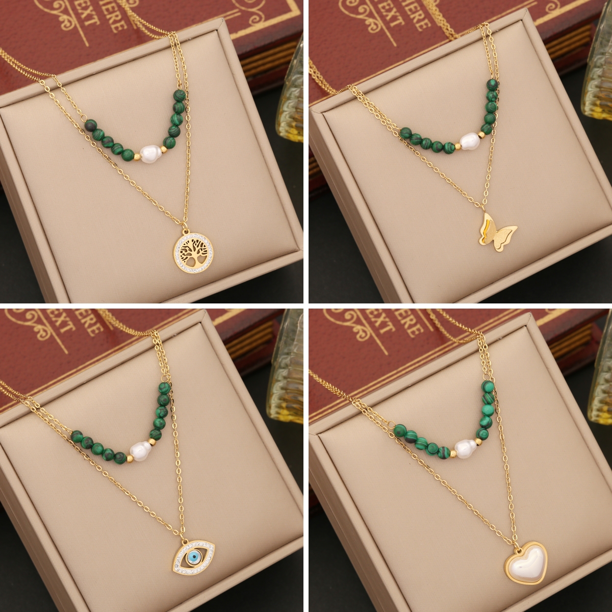 Wholesale Retro Tree Heart Shape Eye Stainless Steel Malachite Inlay 18K Gold Plated Artificial Diamond Pearl Layered Necklaces display picture 1