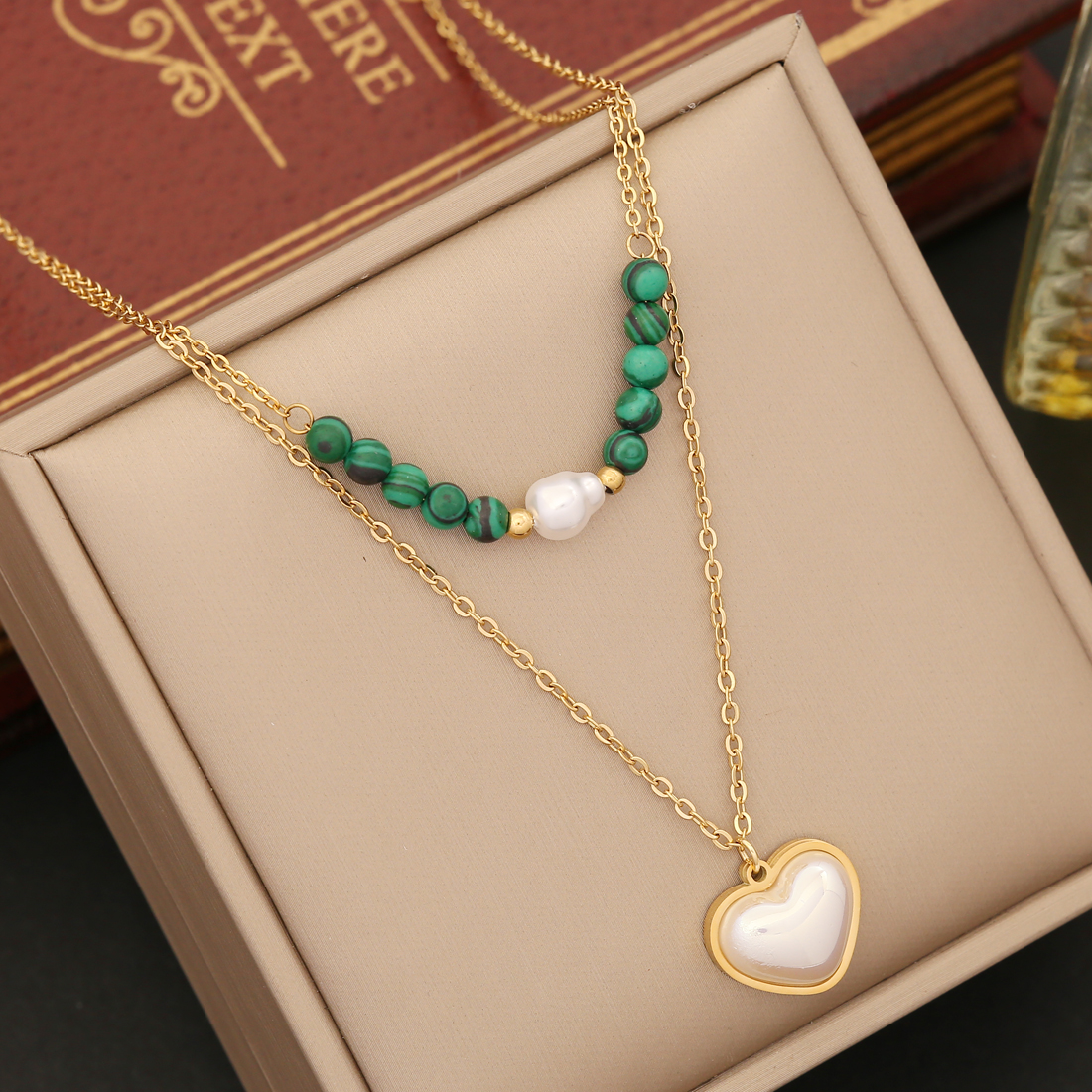 Wholesale Retro Tree Heart Shape Eye Stainless Steel Malachite Inlay 18K Gold Plated Artificial Diamond Pearl Layered Necklaces display picture 5