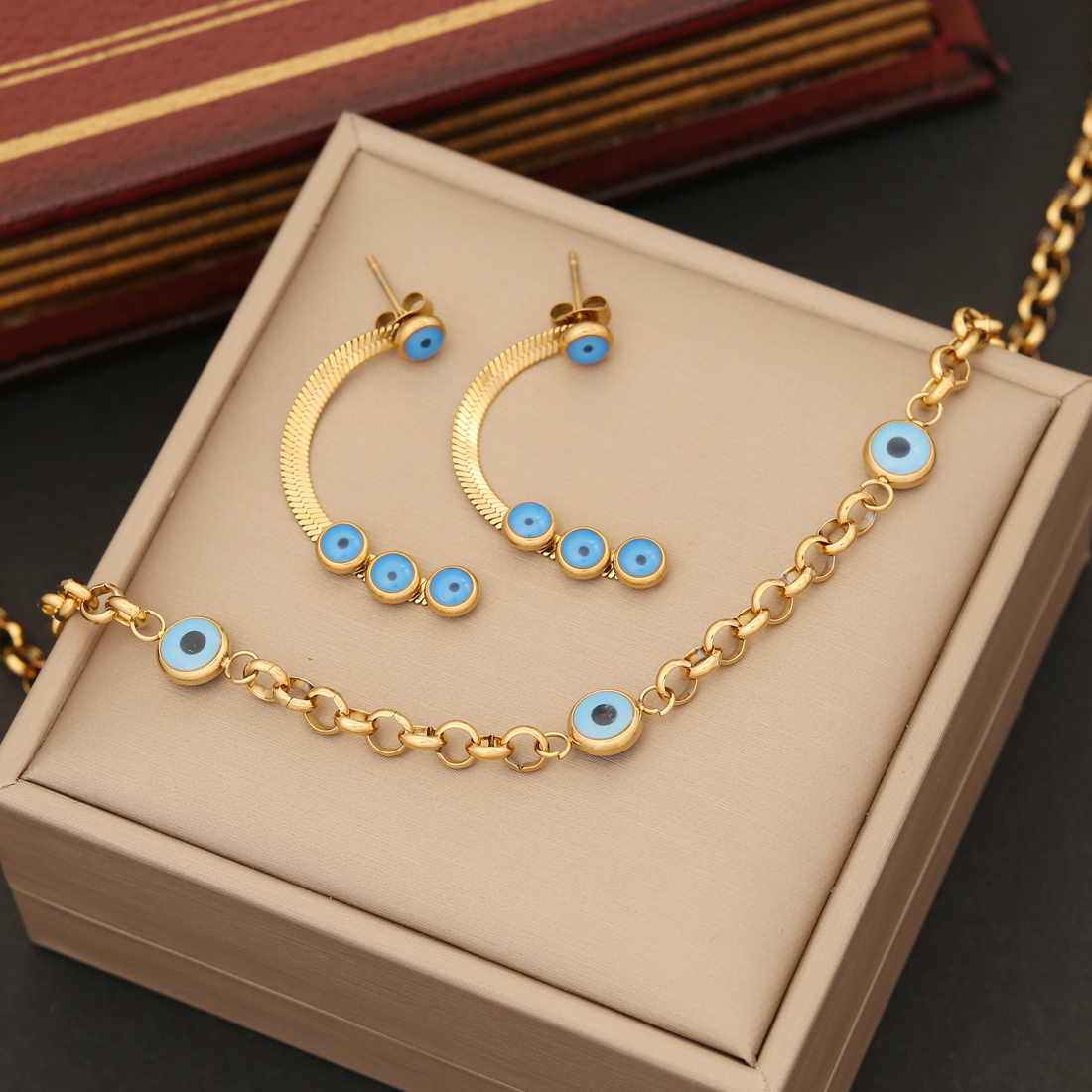 Stainless Steel 18K Gold Plated Artistic Enamel Eye Bracelets Earrings Necklace display picture 2