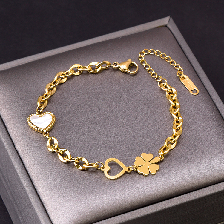 Vacation Four Leaf Clover Heart Shape Titanium Steel Plating Inlay Shell 18k Gold Plated Silver Plated Women's Anklet display picture 3
