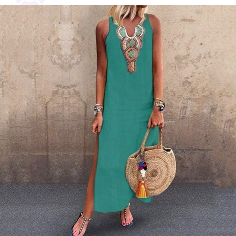 Women's A-line Skirt Bohemian V Neck Slit Sleeveless Geometric Maxi Long Dress Daily display picture 10