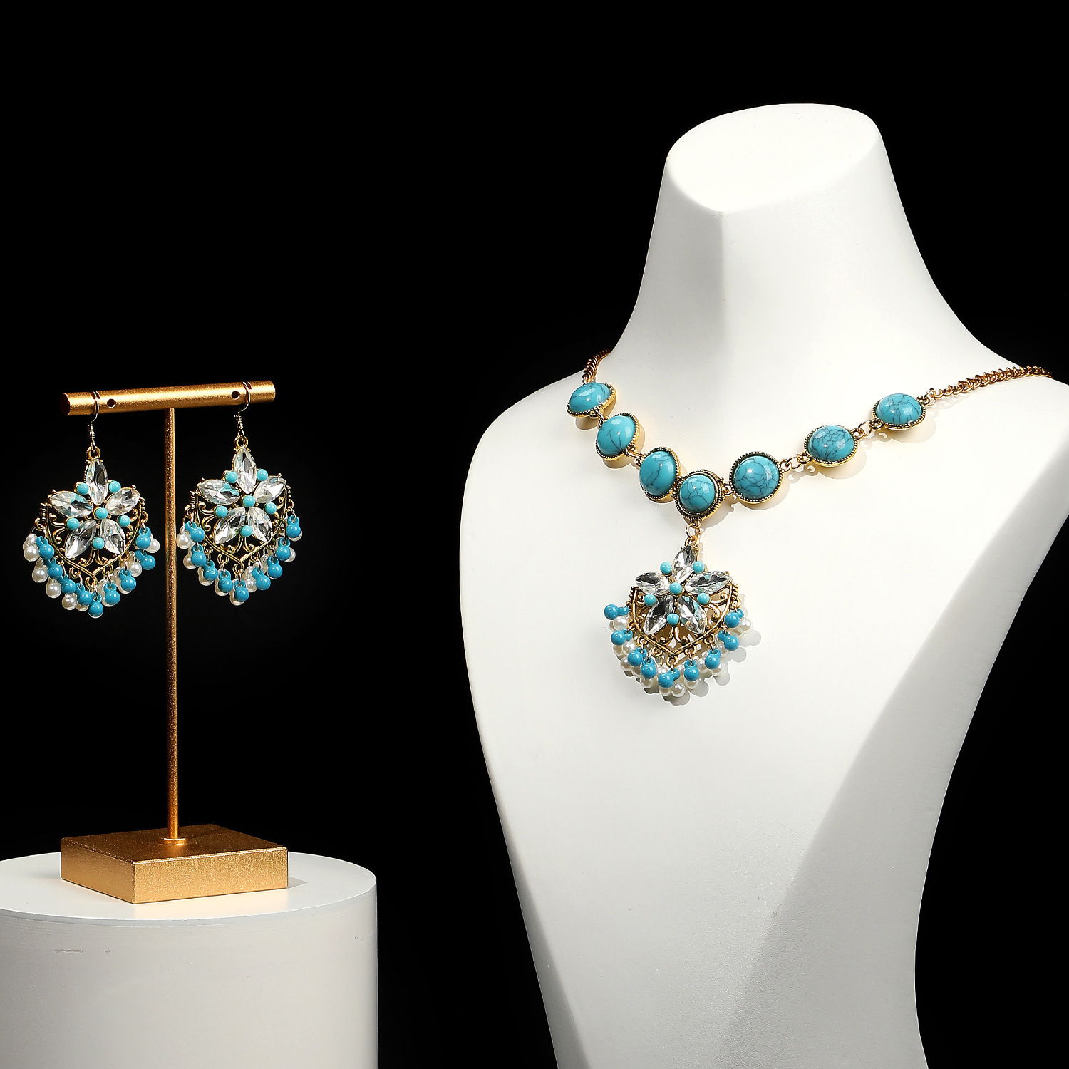 Elegant Vintage Style Luxurious Geometric Flower Gem Turquoise Alloy Wholesale Earrings Necklace display picture 4