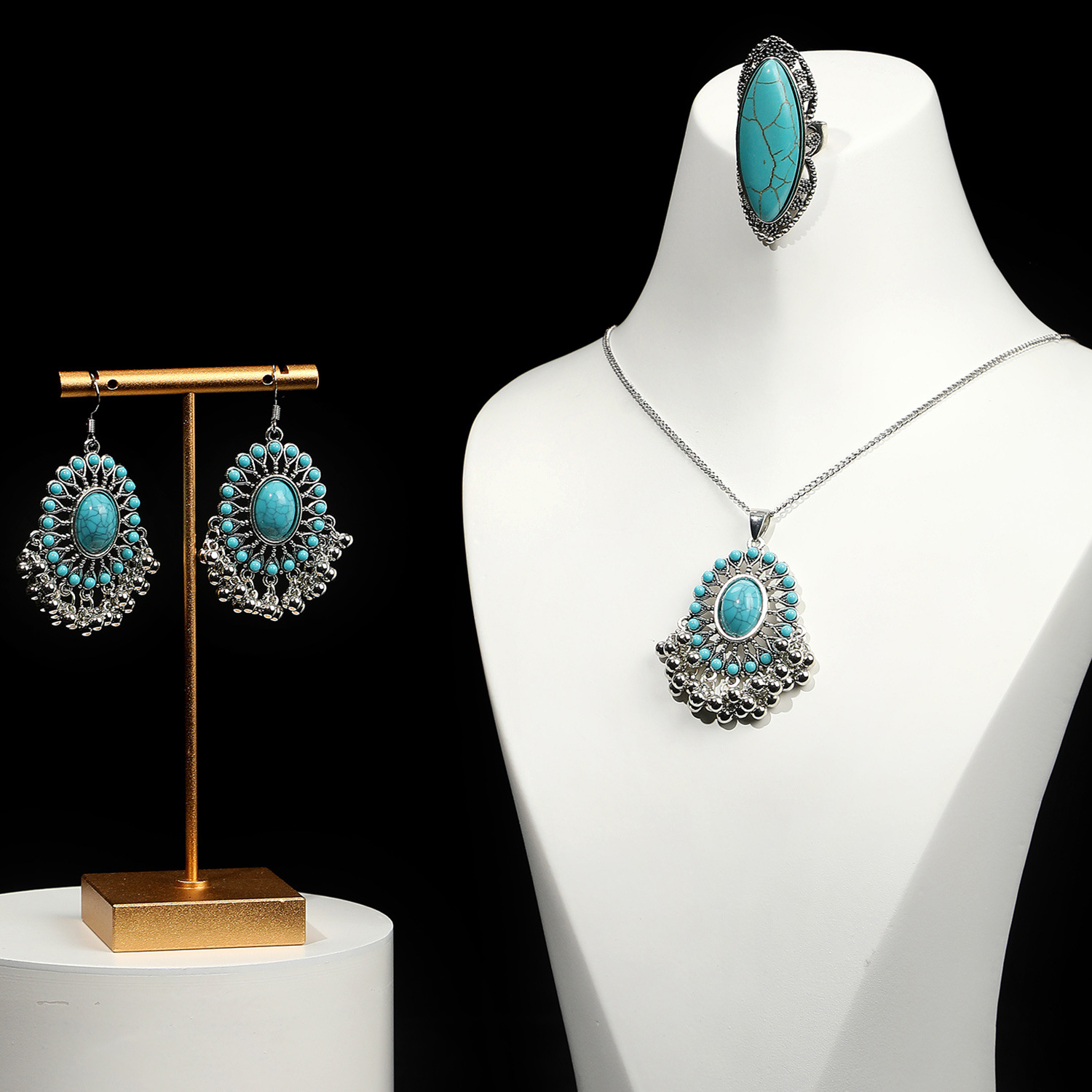 Elegant Vintage Style Luxurious Geometric Flower Gem Turquoise Alloy Wholesale Earrings Necklace display picture 2
