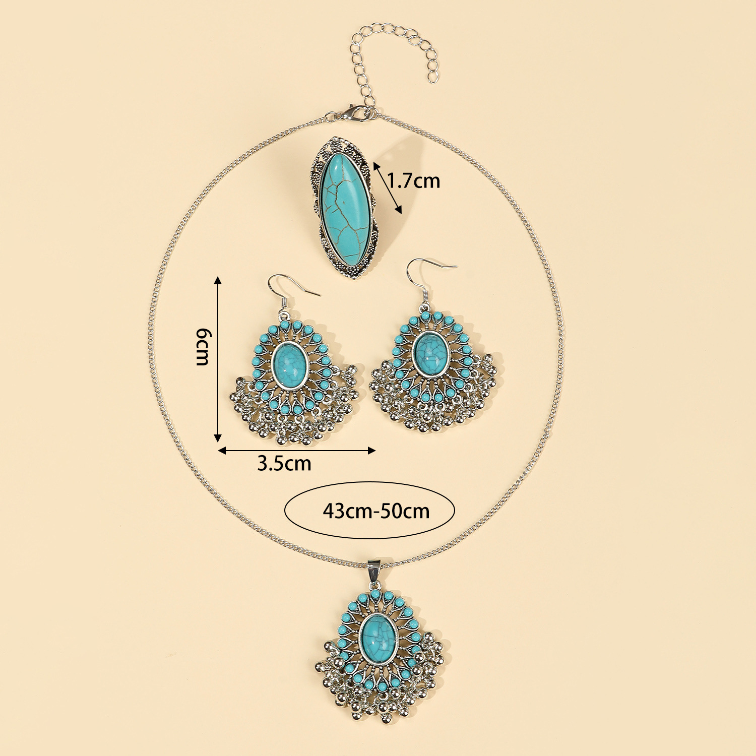 Elegant Vintage Style Luxurious Geometric Flower Gem Turquoise Alloy Wholesale Earrings Necklace display picture 10