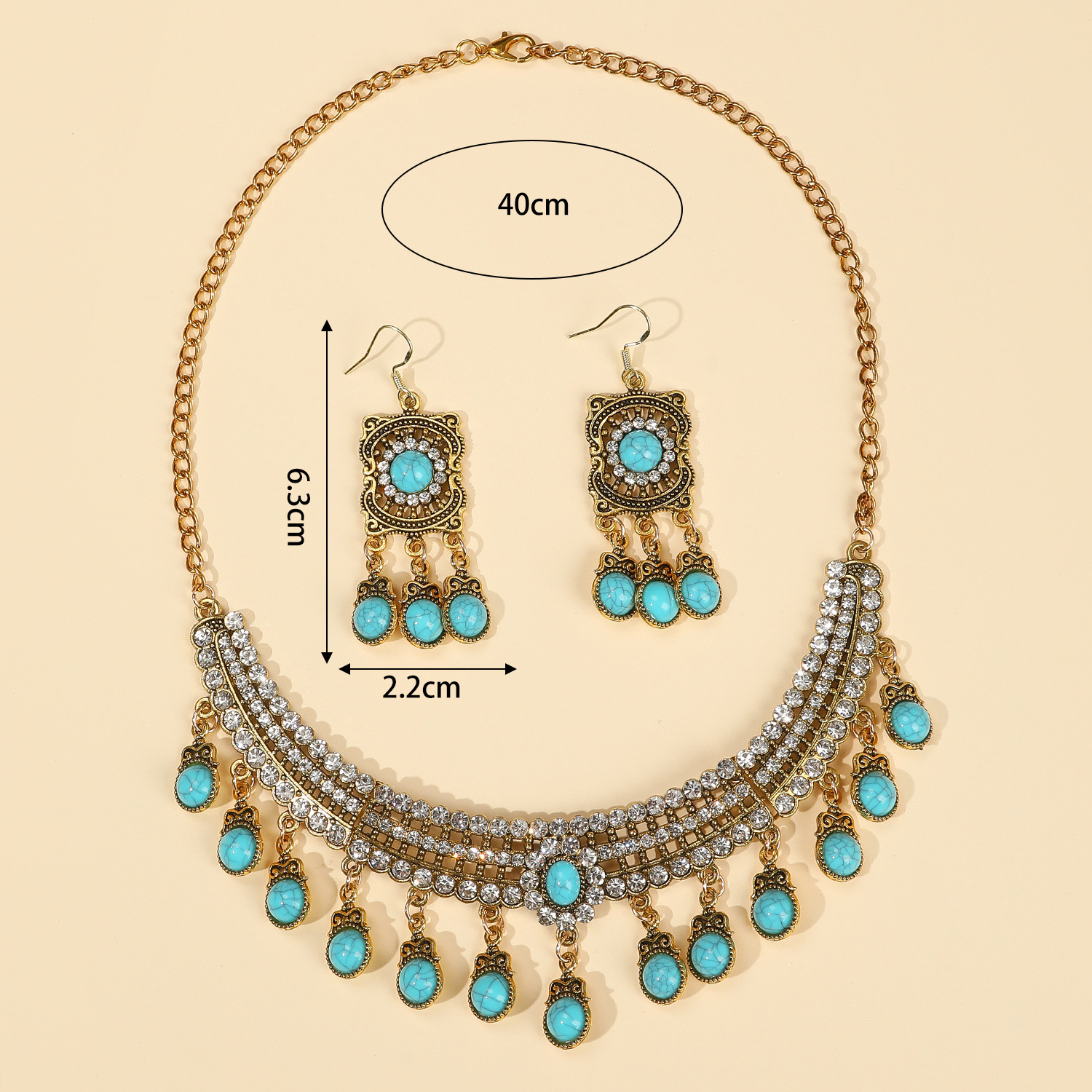 Élégant Style Vintage Luxueux Géométrique Fleur Gemme Turquoise Alliage De Gros Des Boucles D'oreilles Collier display picture 12