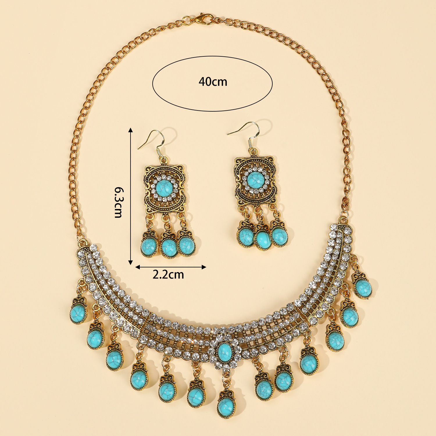 Elegant Vintage Style Luxurious Geometric Flower Gem Turquoise Alloy Wholesale Earrings Necklace display picture 12