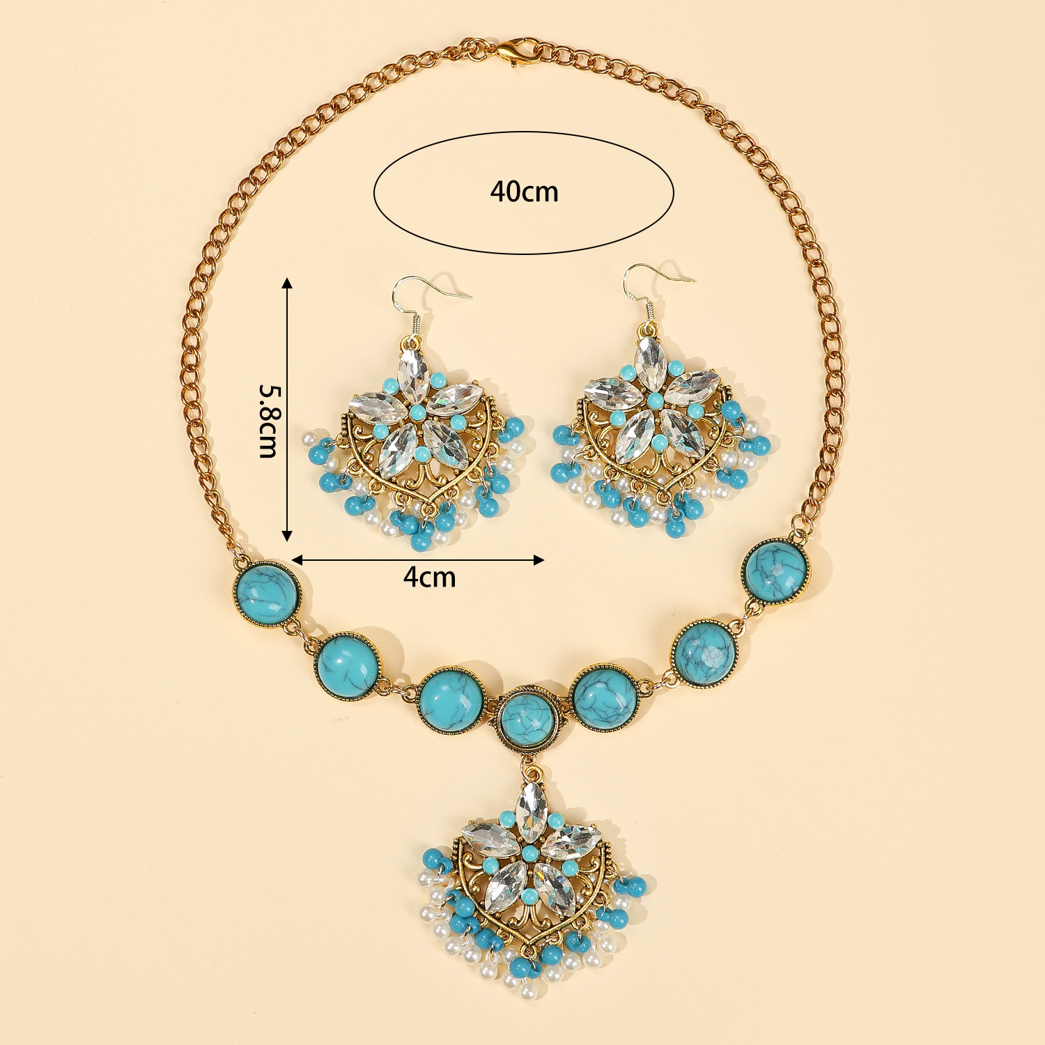 Elegant Vintage Style Luxurious Geometric Flower Gem Turquoise Alloy Wholesale Earrings Necklace display picture 16