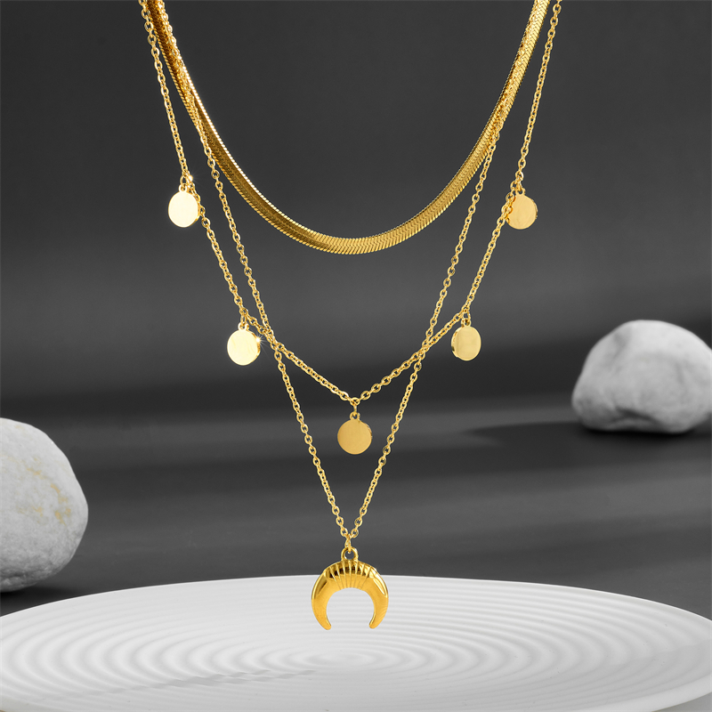 Titanium Steel 18K Gold Plated Lady Plating Moon Layered Necklaces display picture 1
