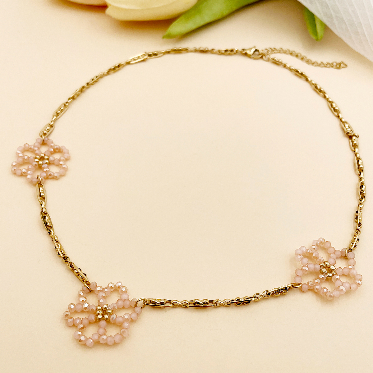304 Stainless Steel 14K Gold Plated Lady Sweet Beaded Plating Flower Crystal Beads Flowers Necklace display picture 1