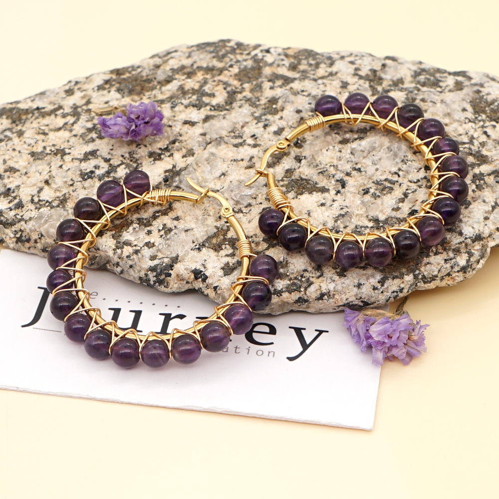 1 Pair Casual Simple Style Circle Beaded Braid Stainless Steel Stone Earrings display picture 34