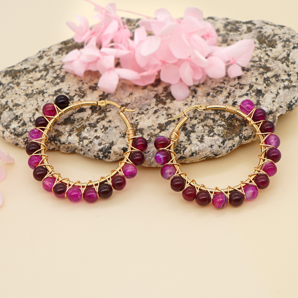 1 Pair Casual Simple Style Circle Beaded Braid Stainless Steel Stone Earrings display picture 33