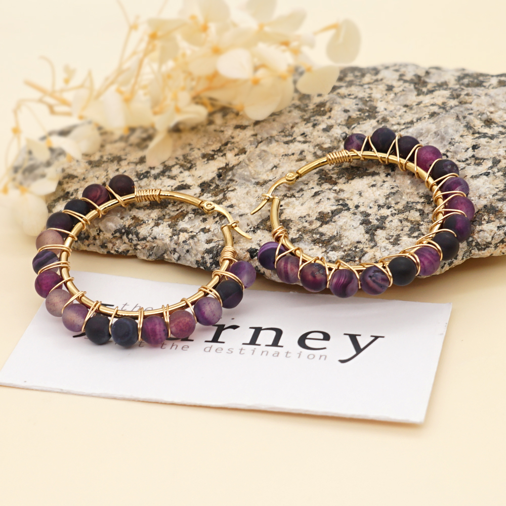 1 Pair Casual Simple Style Circle Beaded Braid Stainless Steel Stone Earrings display picture 42