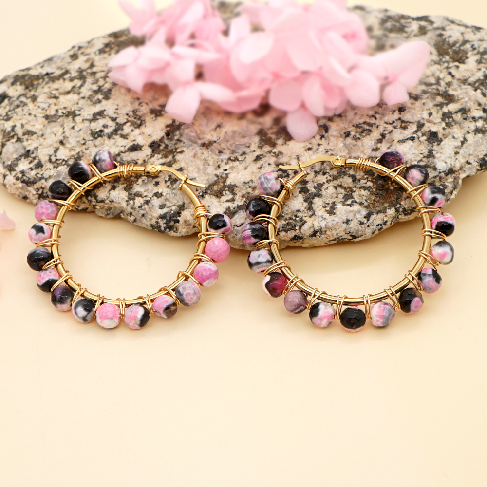 1 Pair Casual Simple Style Circle Beaded Braid Stainless Steel Stone Earrings display picture 38
