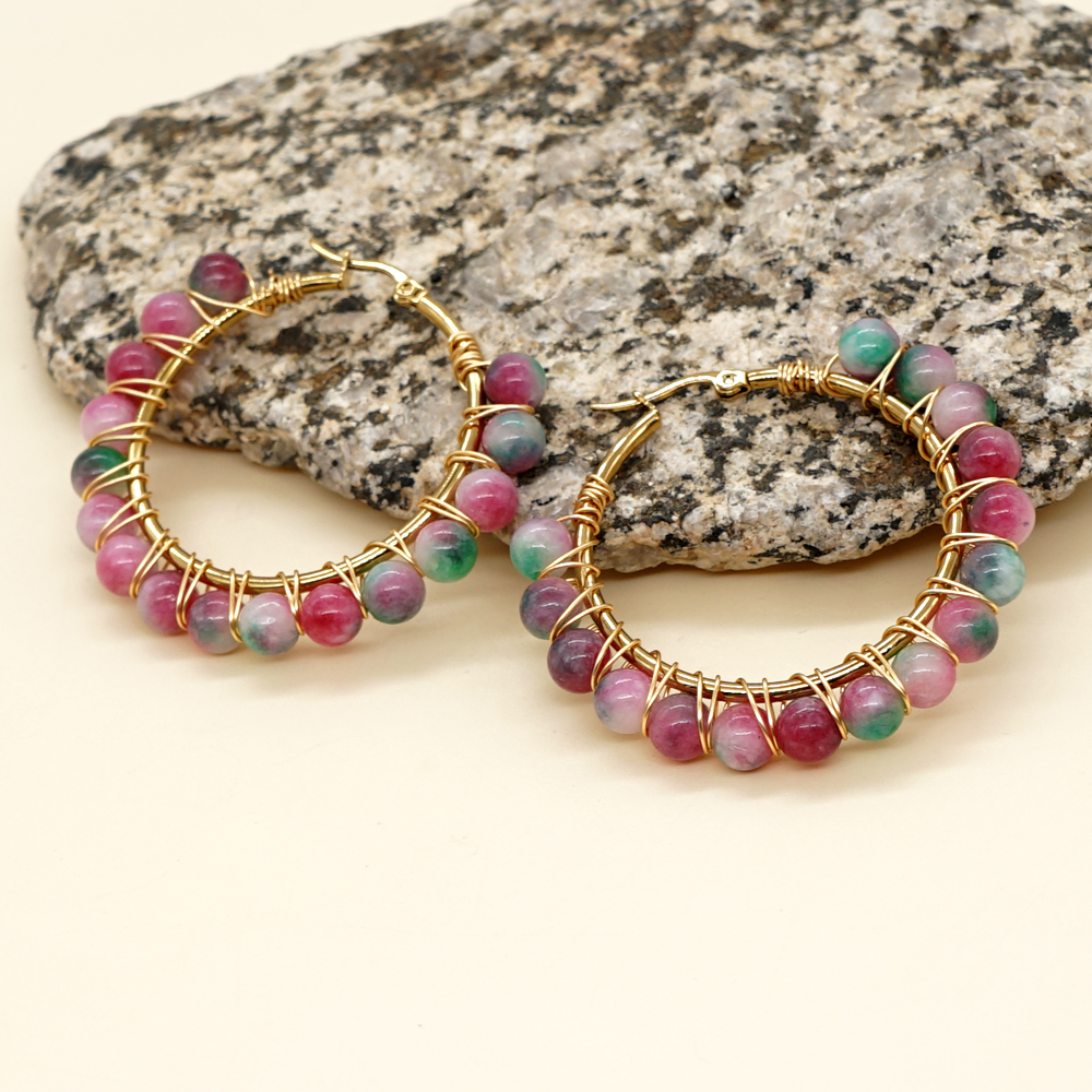 1 Pair Casual Simple Style Circle Beaded Braid Stainless Steel Stone Earrings display picture 44