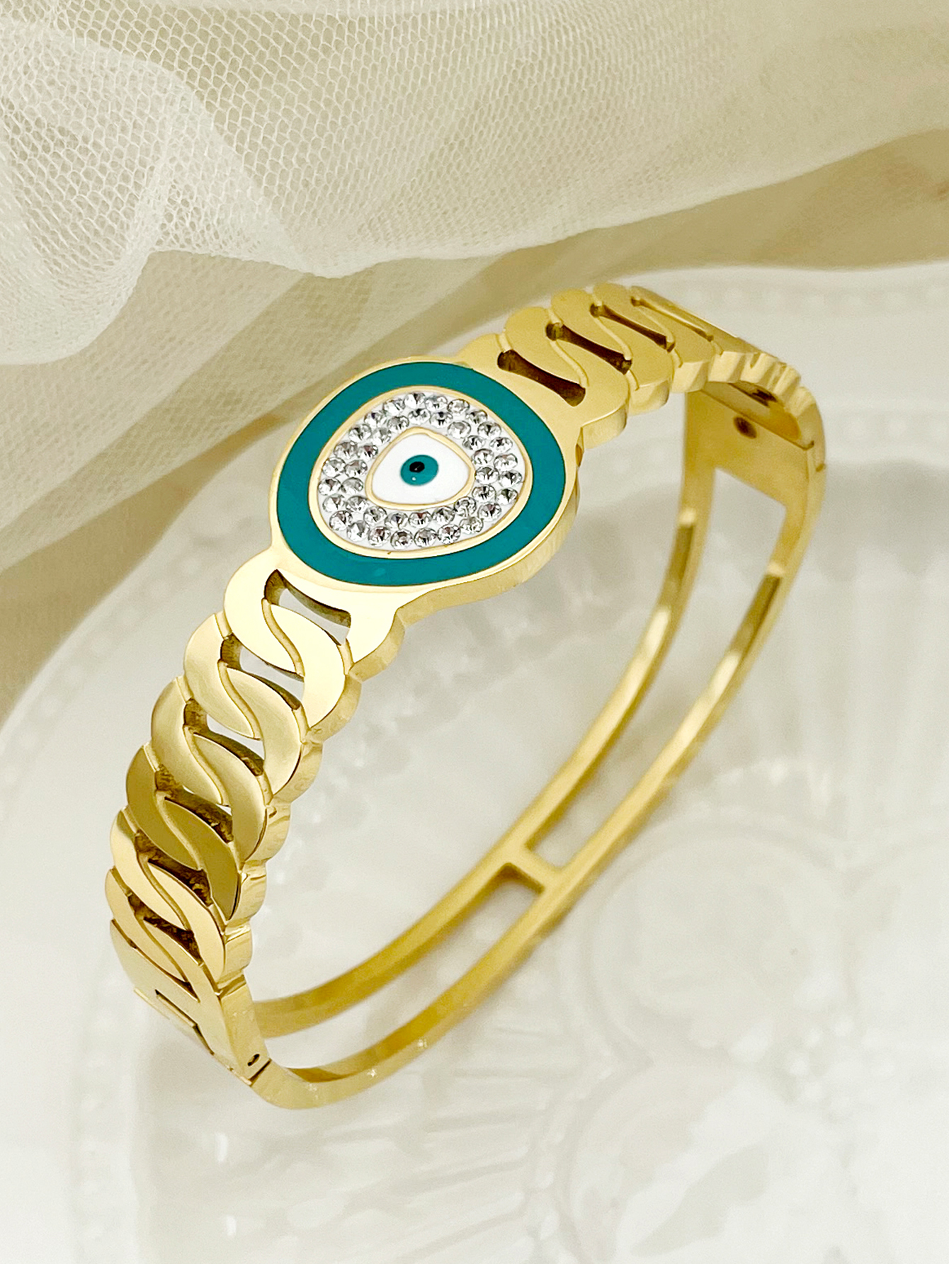 Funny Devil'S Eye 304 Stainless Steel 14K Gold Plated Rhinestones Bangle In Bulk display picture 2