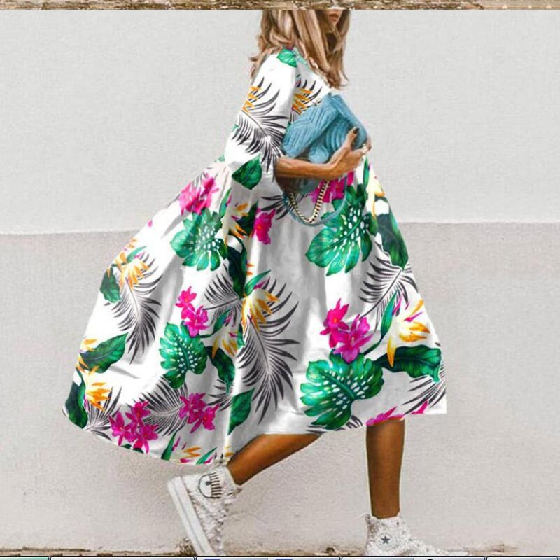 Women's A-line Skirt Casual Vacation Tropical Round Neck Asymmetrical Flower Midi Dress Weekend Daily Lawn display picture 1