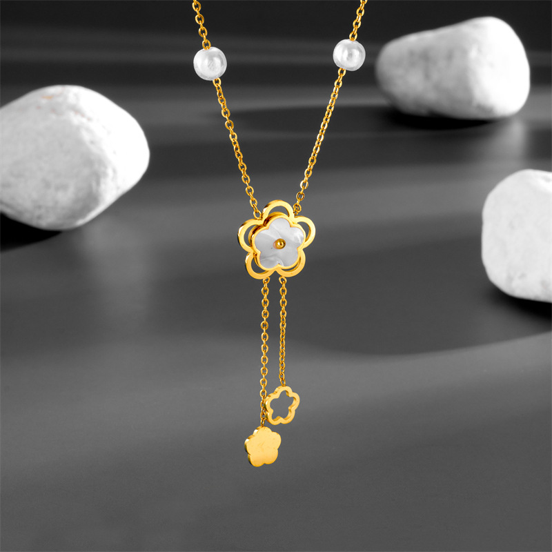 Titan Stahl Süss Einfacher Stil Perle Überzug Inlay Quaste Blume Acryl Halskette Mit Anhänger display picture 4