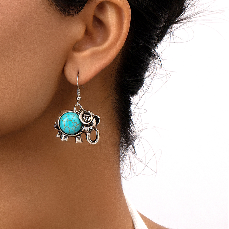 Casual Retro Elephant Alloy Plating Inlay Turquoise Rhinestones Women's Drop Earrings display picture 4