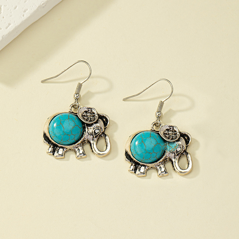 Casual Retro Elephant Alloy Plating Inlay Turquoise Rhinestones Women's Drop Earrings display picture 5