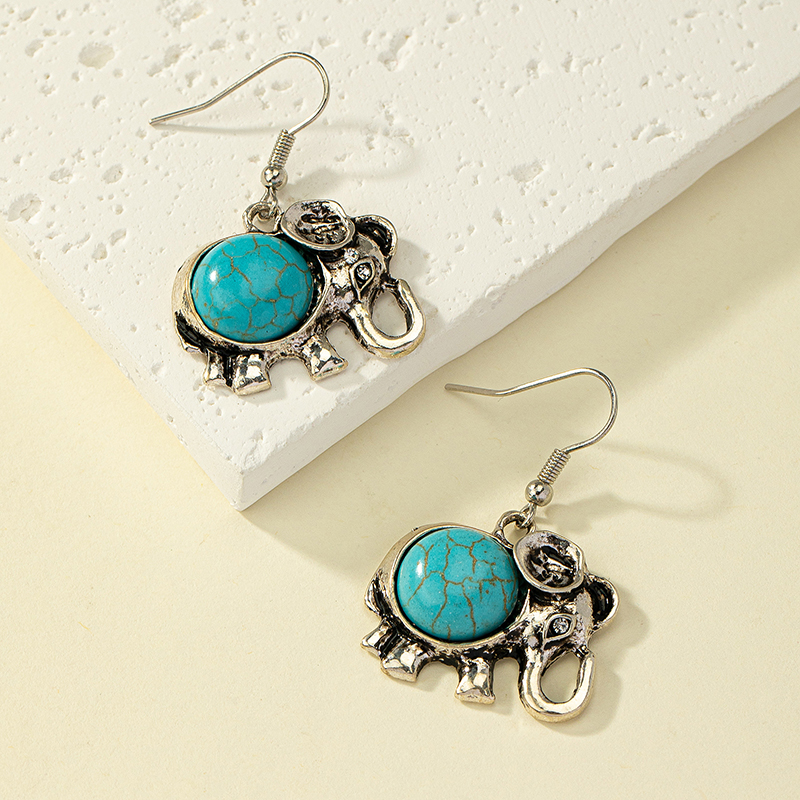 Casual Retro Elephant Alloy Plating Inlay Turquoise Rhinestones Women's Drop Earrings display picture 2