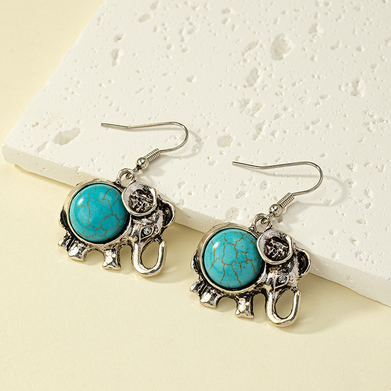 Casual Retro Elephant Alloy Plating Inlay Turquoise Rhinestones Women's Drop Earrings display picture 3