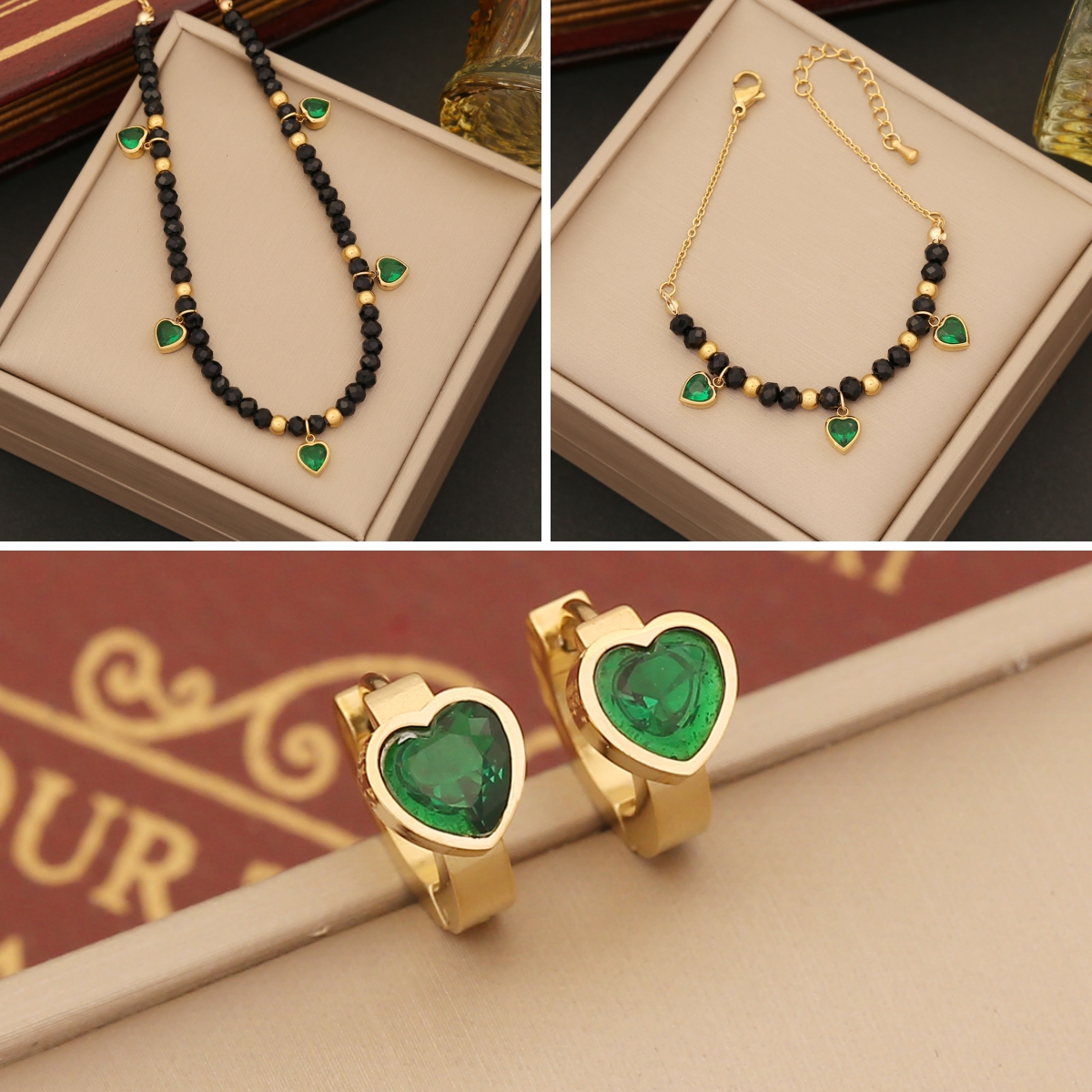 Stainless Steel 18K Gold Plated Elegant Retro Beaded Inlay Heart Shape Crystal Bracelets Earrings Necklace display picture 1