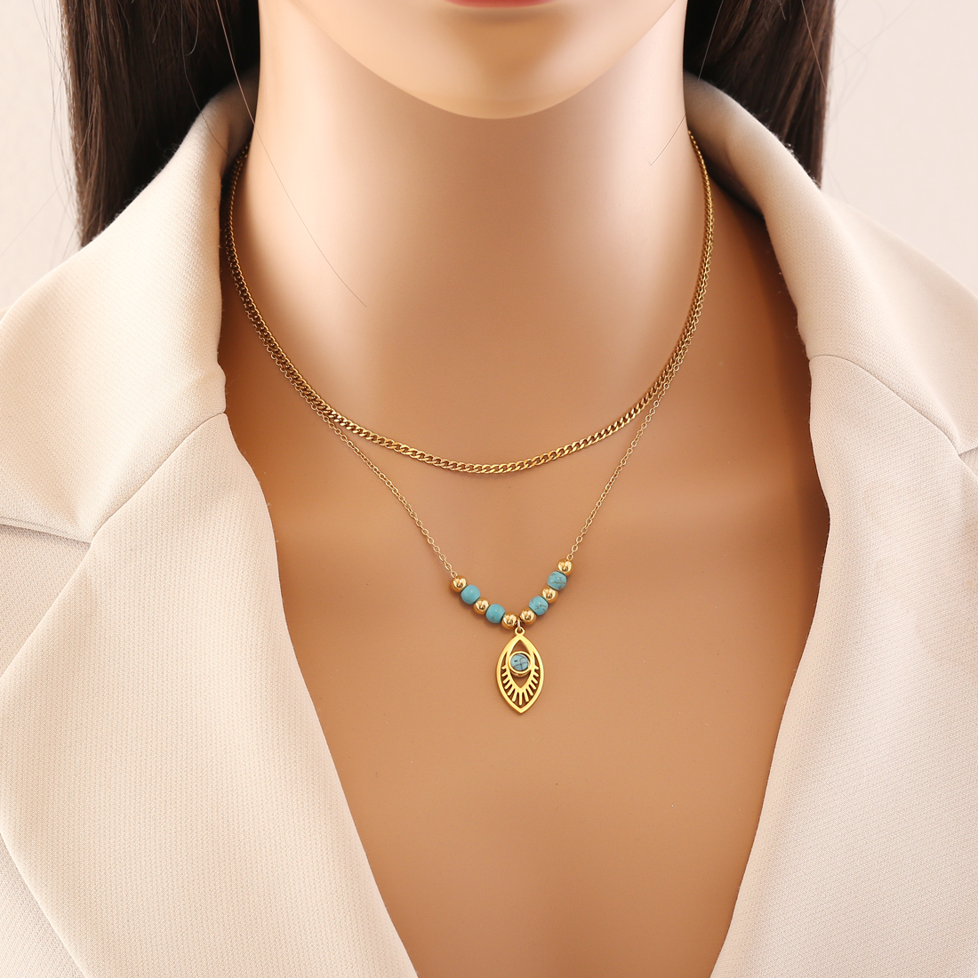 Stainless Steel 18K Gold Plated Bohemian Plating Inlay Eye Turquoise Layered Necklaces display picture 2