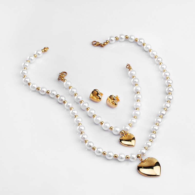Acero Inoxidable Perla Artificial Chapados en oro de 18k Elegante Con Cuentas Forma De Corazón Pulsera Aretes Collar display picture 1