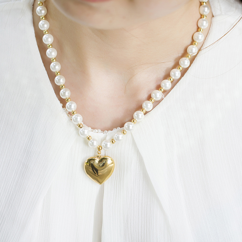 Acero Inoxidable Perla Artificial Chapados en oro de 18k Elegante Con Cuentas Forma De Corazón Pulsera Aretes Collar display picture 4