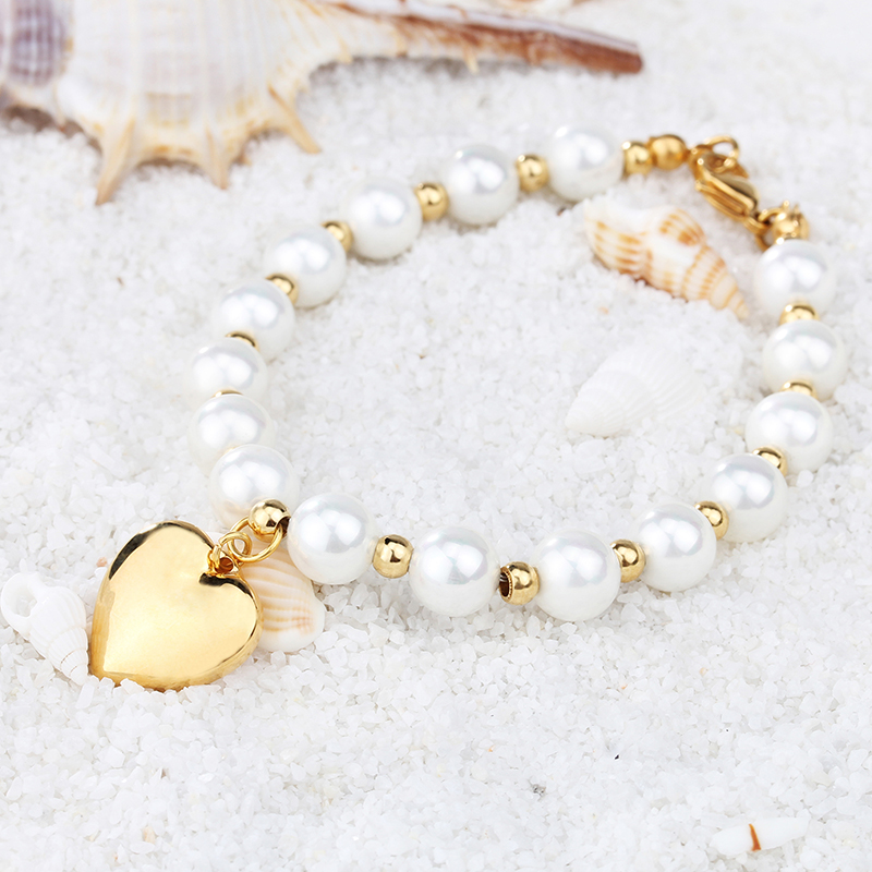 Stainless Steel Artificial Pearl 18K Gold Plated Elegant Beaded Heart Shape Bracelets Earrings Necklace display picture 5