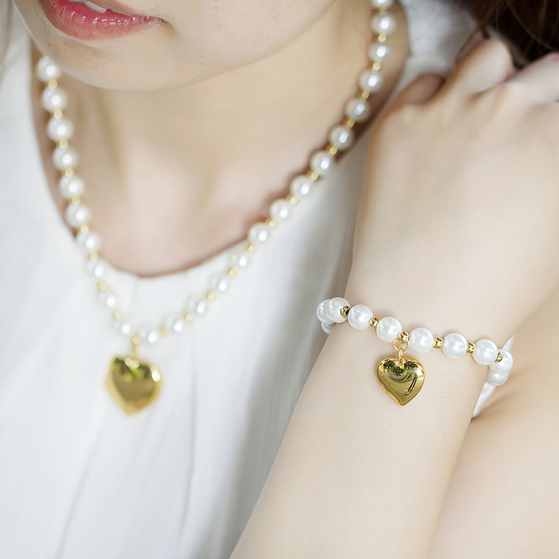 Acier Inoxydable Perle Artificielle Plaqué Or 18K Élégant Perlé Forme De Cœur Bracelets Des Boucles D'Oreilles Collier display picture 3