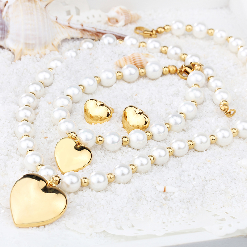 Stainless Steel Artificial Pearl 18K Gold Plated Elegant Beaded Heart Shape Bracelets Earrings Necklace display picture 7