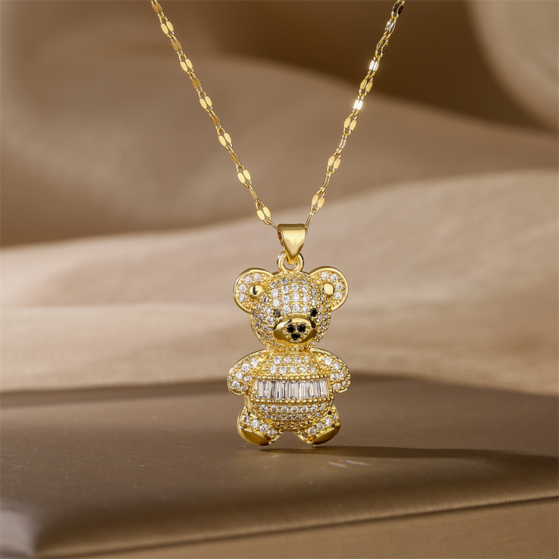 Cartoon Style Cute Little Bear Stainless Steel Copper Plating Inlay Zircon Gold Plated Pendant Necklace display picture 4