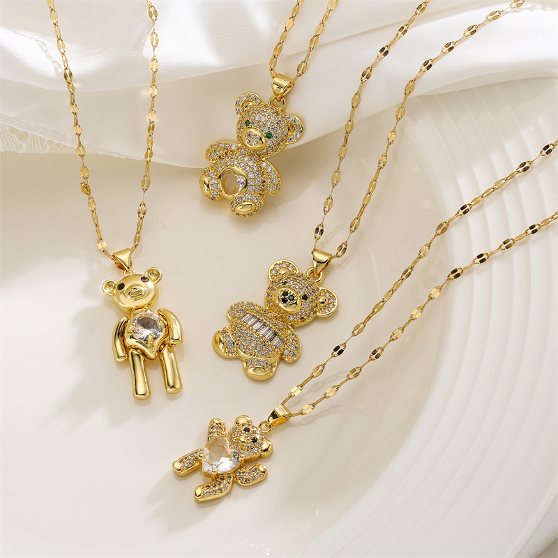 Cartoon Style Cute Little Bear Stainless Steel Copper Plating Inlay Zircon Gold Plated Pendant Necklace display picture 3