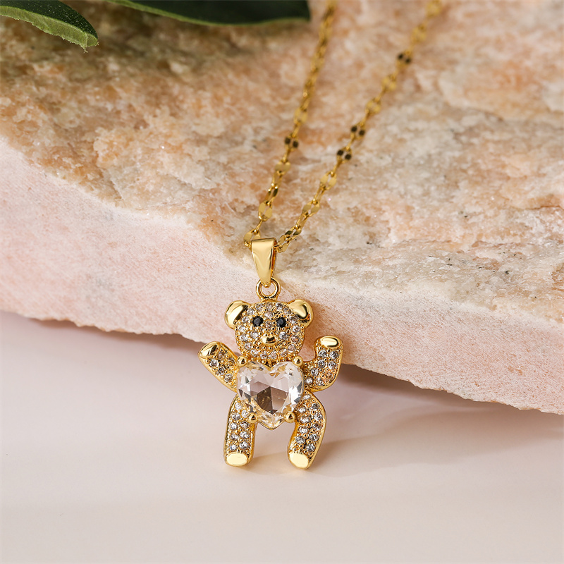 Cartoon Style Cute Little Bear Stainless Steel Copper Plating Inlay Zircon Gold Plated Pendant Necklace display picture 6