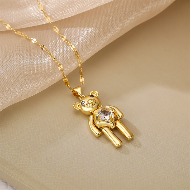Cartoon Style Cute Little Bear Stainless Steel Copper Plating Inlay Zircon Gold Plated Pendant Necklace display picture 5
