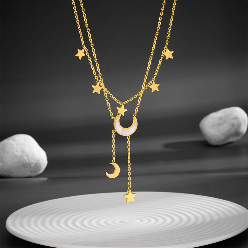 Titanium Steel 18K Gold Plated Casual Simple Style Plating Inlay Star Moon Acrylic Layered Necklaces display picture 1