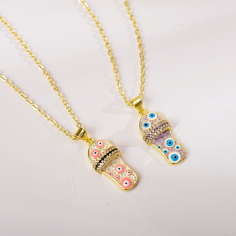 Casual Funny Slippers Eye Copper Enamel Plating Zircon Gold Plated Pendant Necklace display picture 3