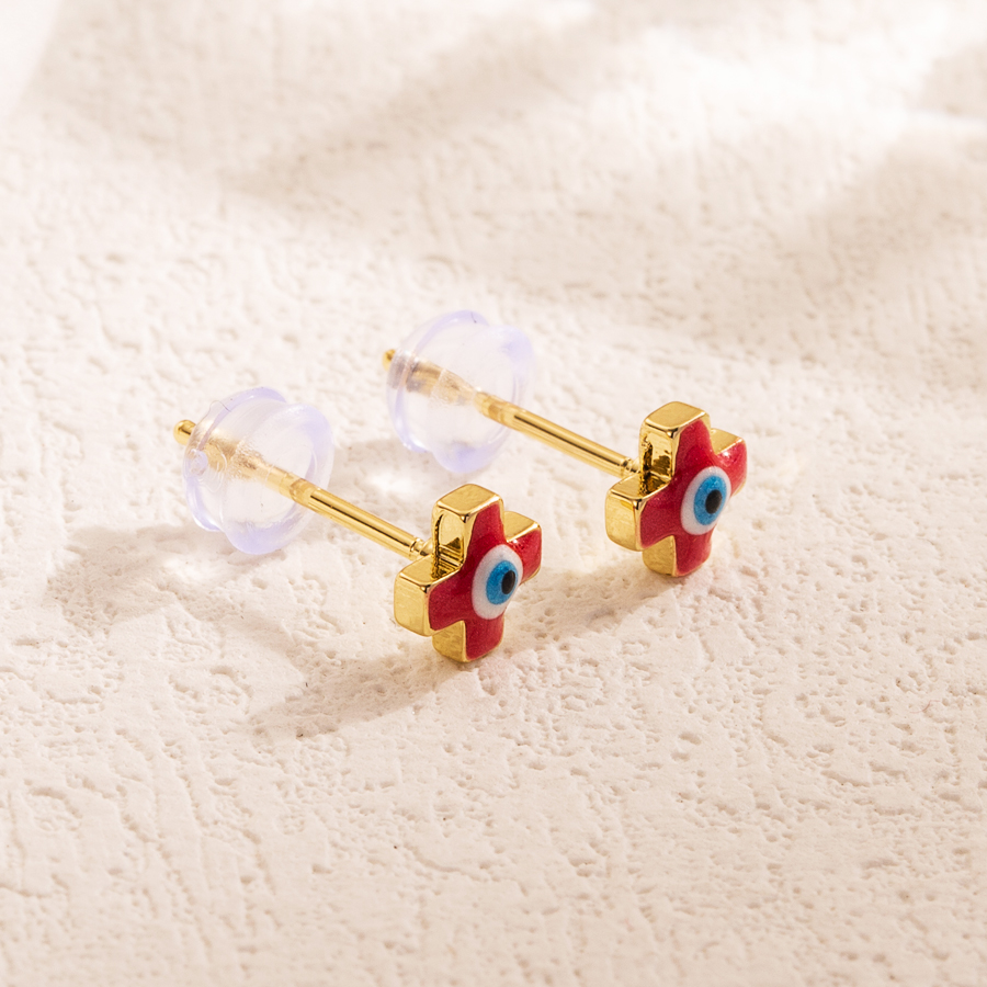 1 Pair Simple Style Cross Devil's Eye Enamel Copper 18k Gold Plated Ear Studs display picture 9