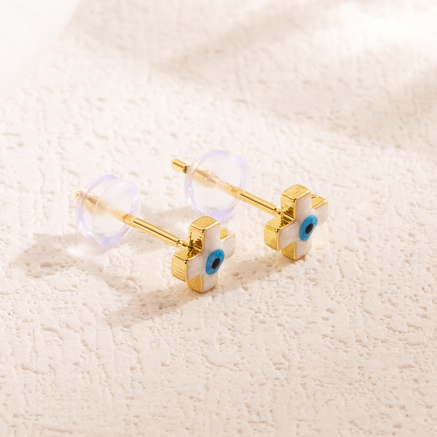 1 Pair Simple Style Cross Devil's Eye Enamel Copper 18k Gold Plated Ear Studs display picture 1