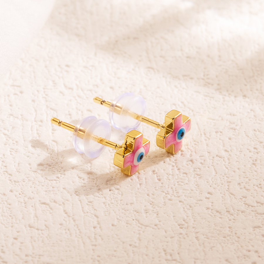 1 Pair Simple Style Cross Devil's Eye Enamel Copper 18k Gold Plated Ear Studs display picture 4