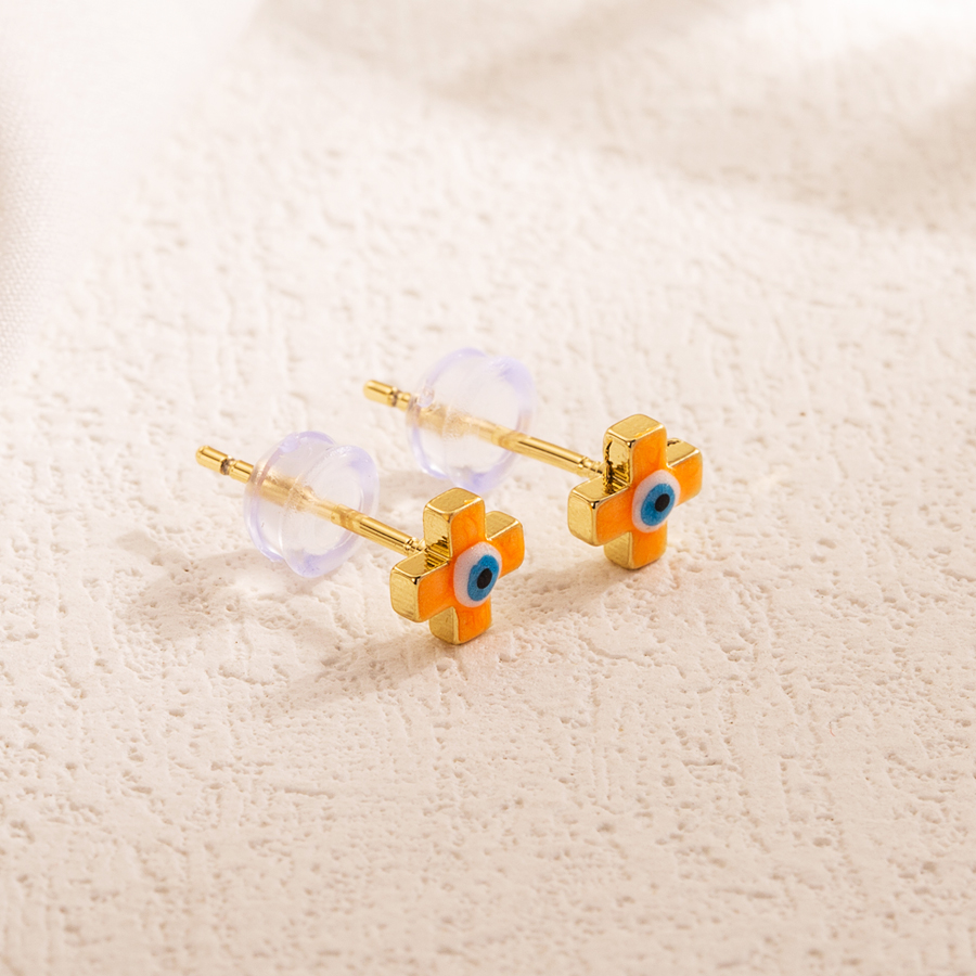 1 Pair Simple Style Cross Devil's Eye Enamel Copper 18k Gold Plated Ear Studs display picture 6