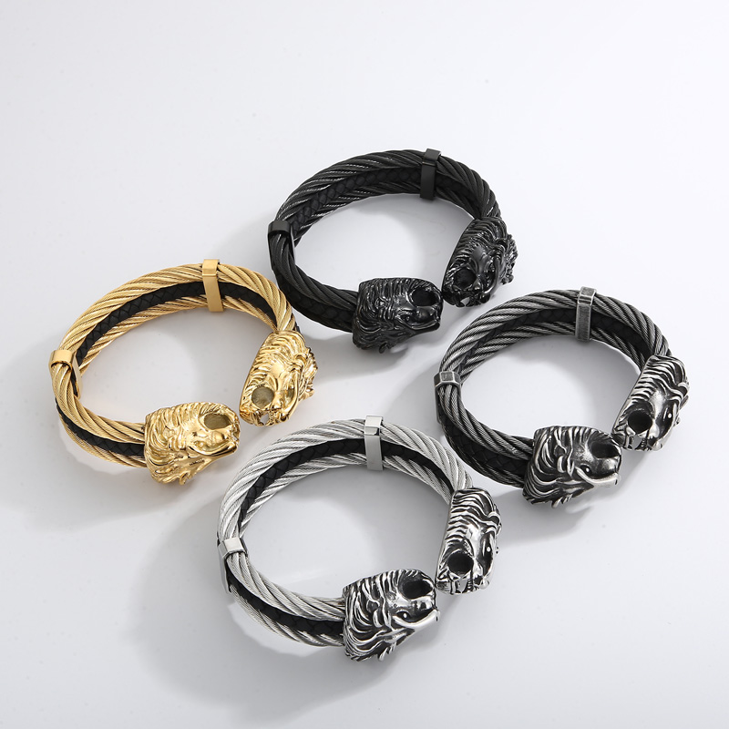 Retro Punk Animal Lion Stainless Steel 18K Gold Plated Bangle In Bulk display picture 1