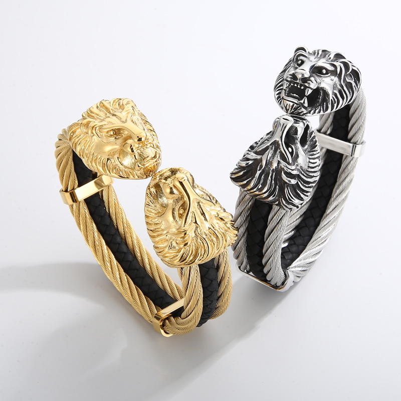 Retro Punk Animal Lion Stainless Steel 18K Gold Plated Bangle In Bulk display picture 2