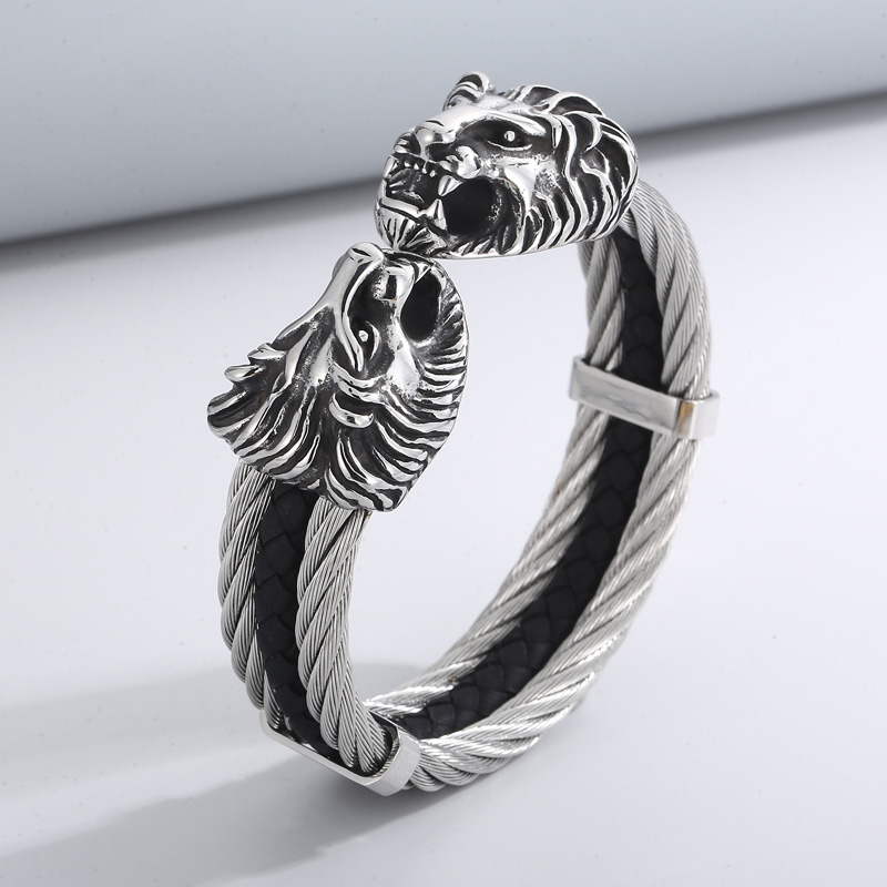 Retro Punk Animal Lion Stainless Steel 18K Gold Plated Bangle In Bulk display picture 8