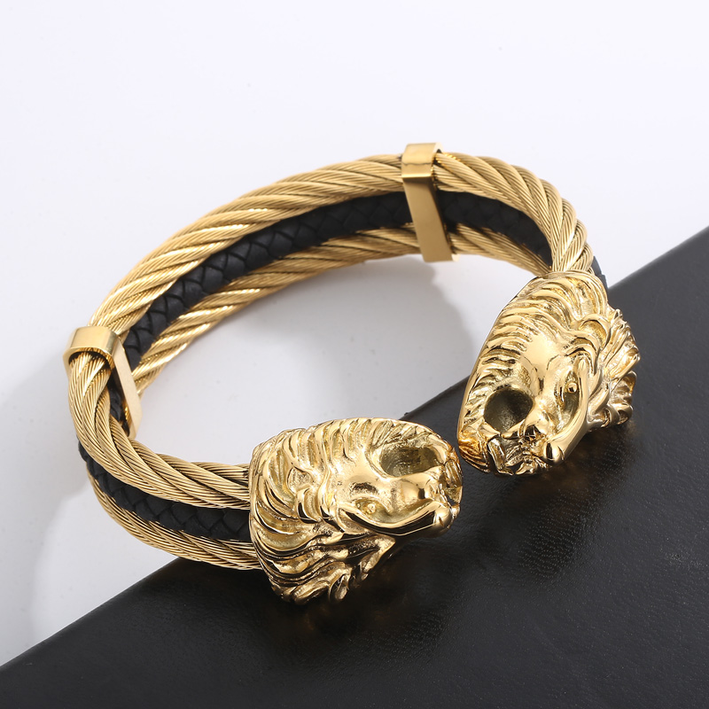 Retro Punk Animal Lion Stainless Steel 18K Gold Plated Bangle In Bulk display picture 9